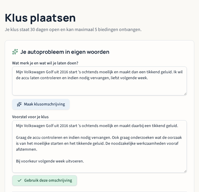 Het actuele klusformulier met eigen woorden en een AI-voorstel
